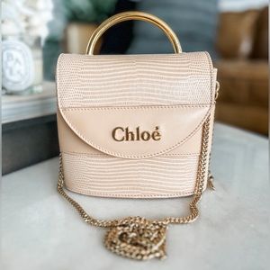 CHLOE SMALL ABY LOCK LIZARD EMBOSSED BEIGE NUDE CROSSBODY TOP HANDLE HANDBAG